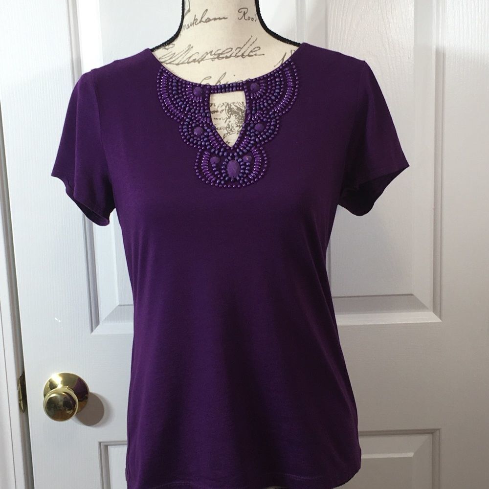 Dana Buchman Purple Beaded Neckline Short‎ Sleeve T-Shirt Top Size S